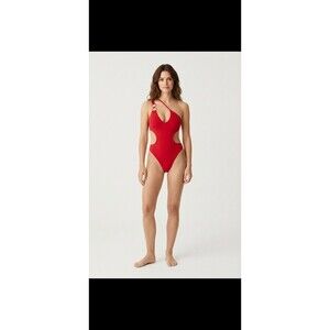 Red One Shoulder Cutout One Piece Swimsuit – Gold Ring Detail
